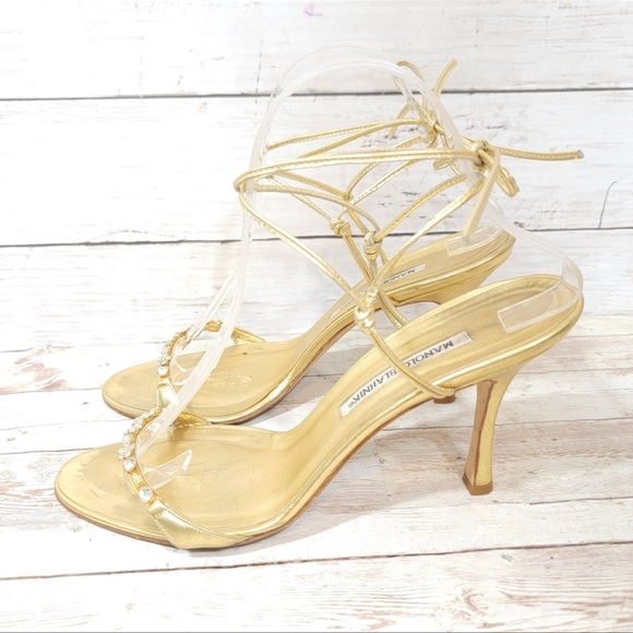 Manolo Blahnik gold jeweled strappy tie up heels size 10 - Picture 2 of 5